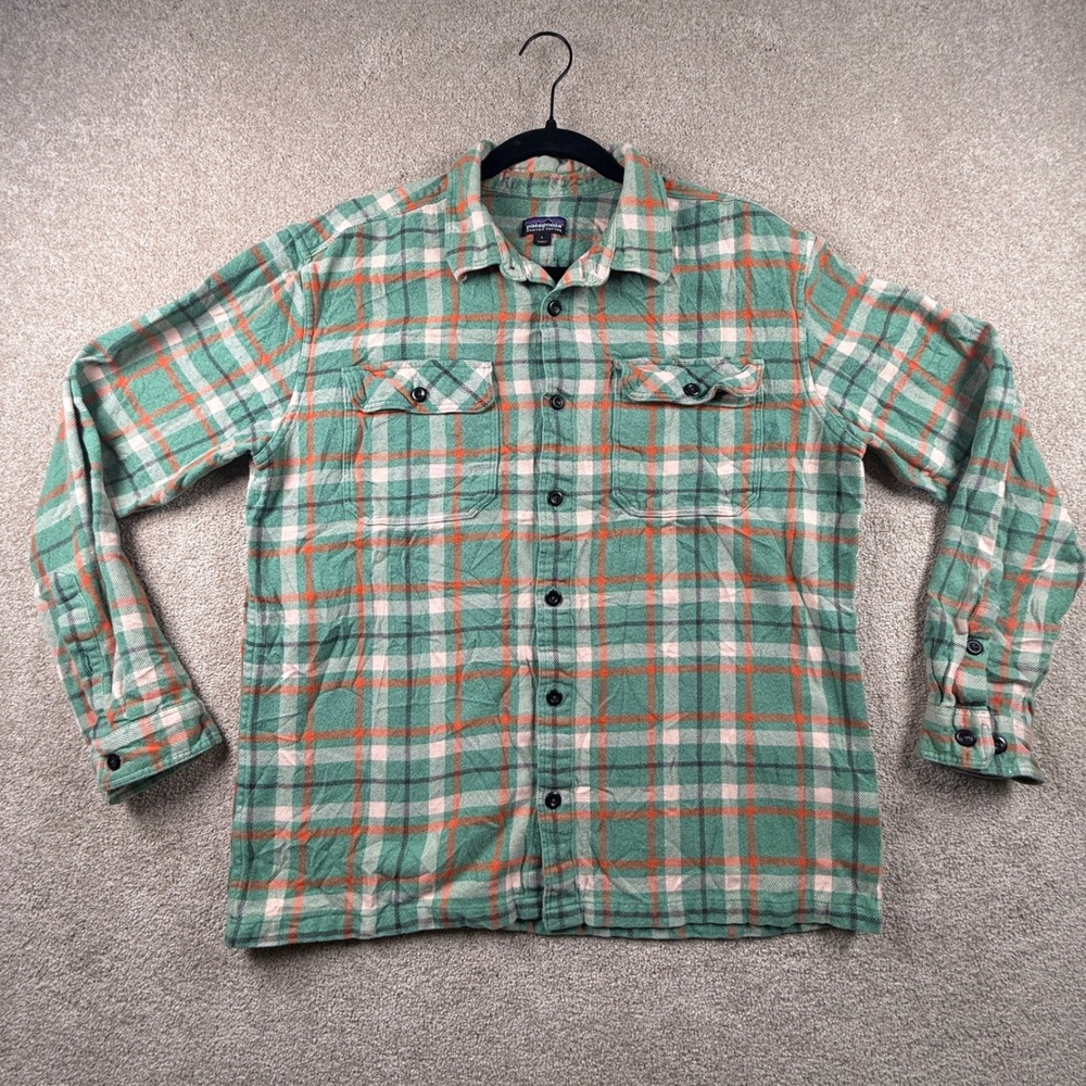 Patagonia Mens Fjord Flannel Shirt Large Green Orange Plaid Organic Cotton L